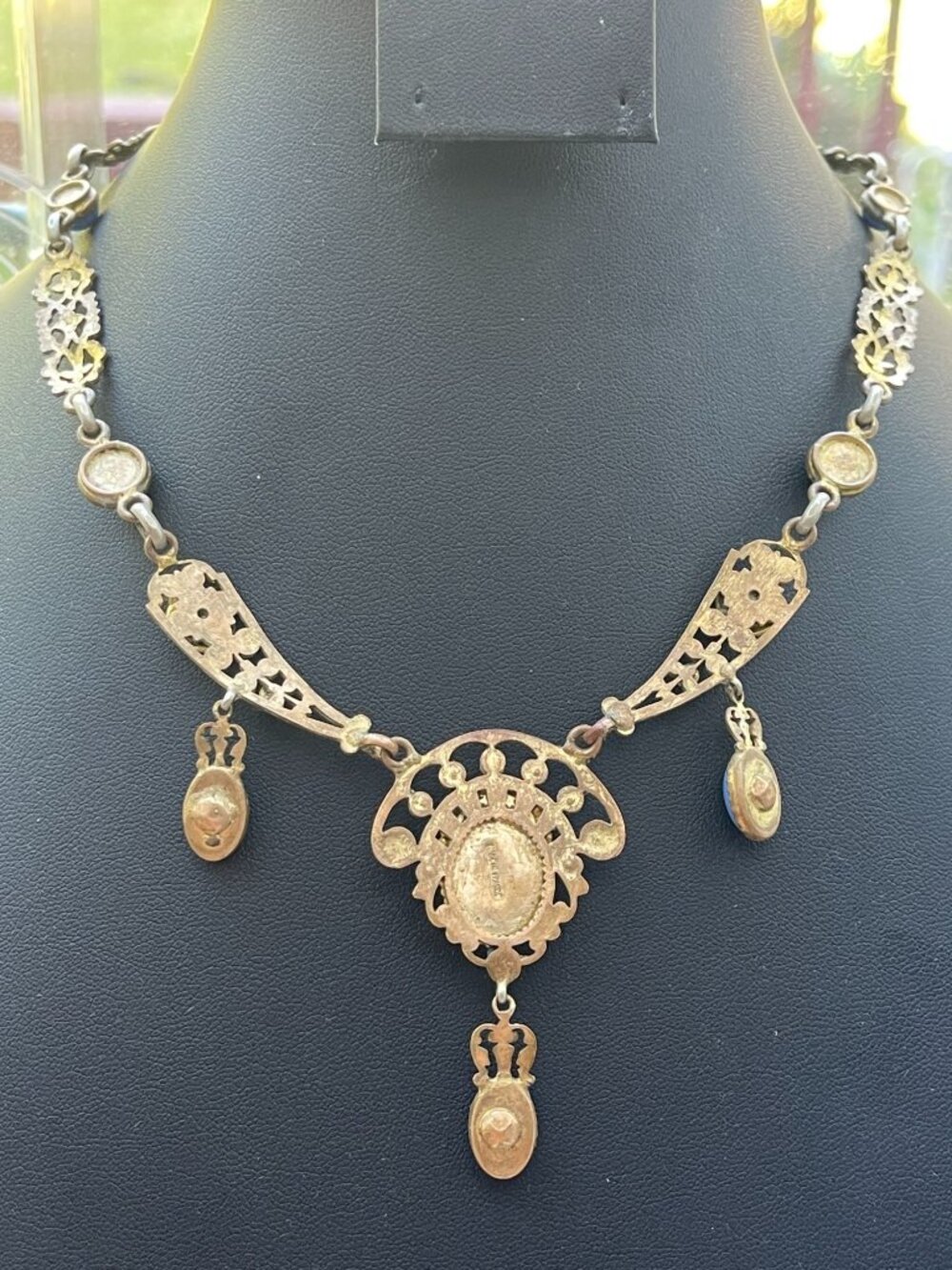 Vtg Art Nouveau Blue Glass Stone Gold Tone Necklace Signed Made in France - Picture 2 of 16